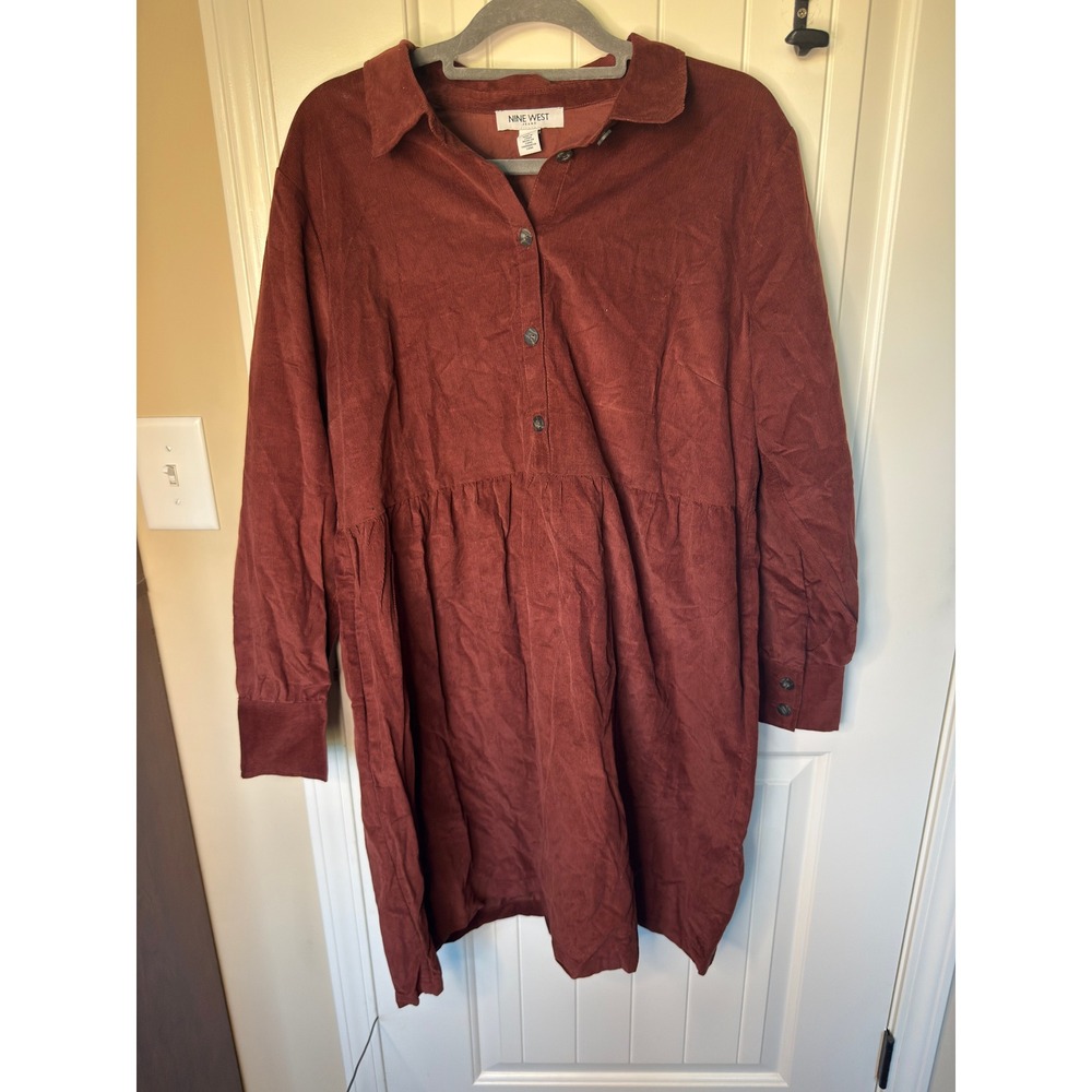Nine West Jeans Burgundy Corduroy Babydoll Shirt Dress XL Long Sleeve Cotton
